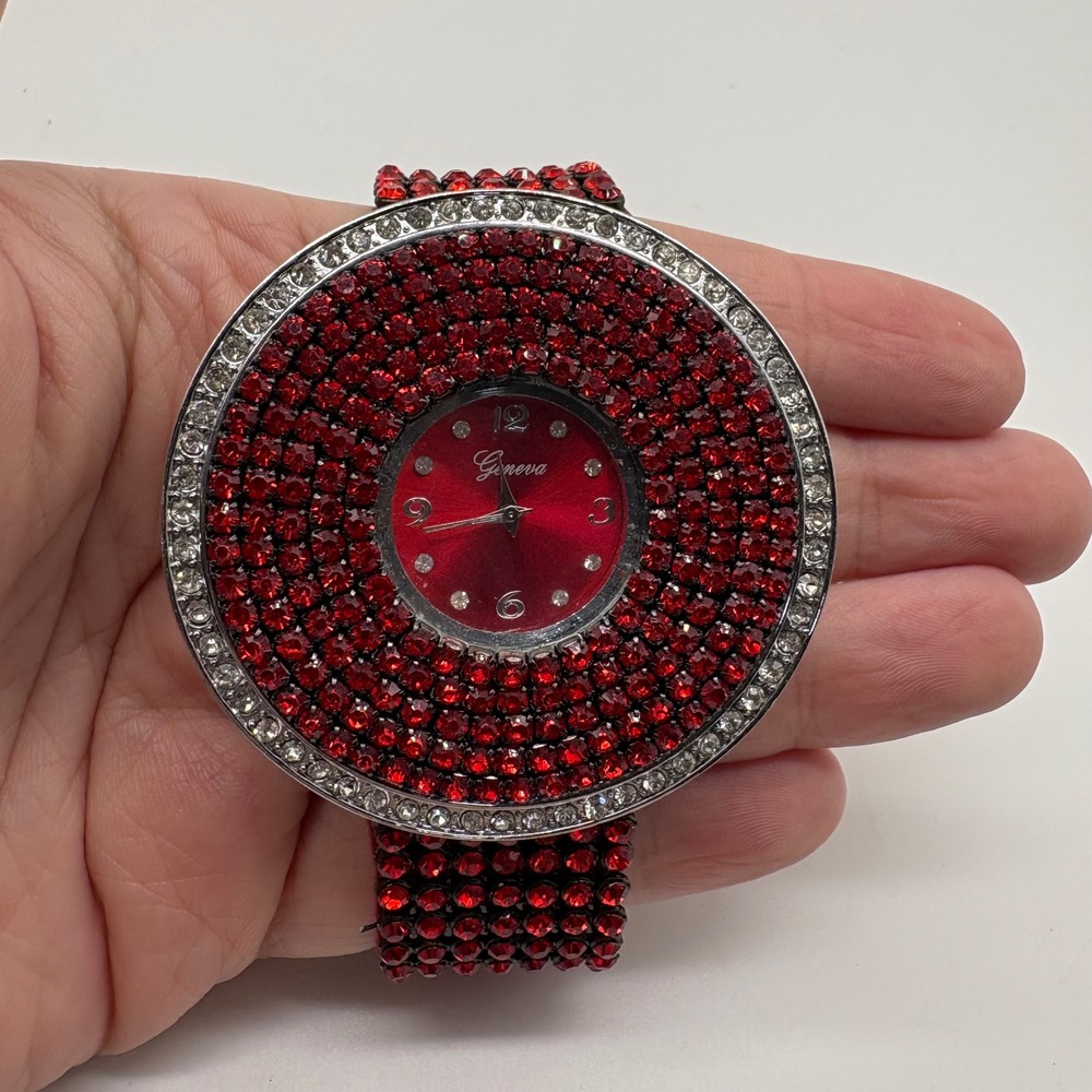 Geneva Red Rhinestone Bling Statement Watch Silver Tone Oversized Crystal